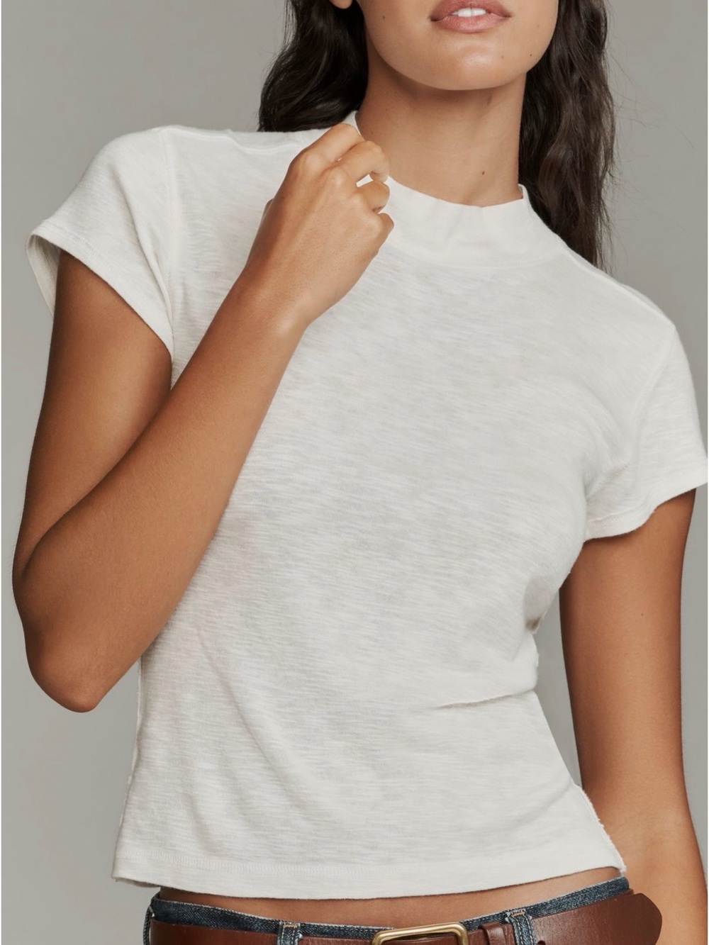 Anthropologie Pilcro Cream Short Sleeve Mock Neck Tee XS NWT